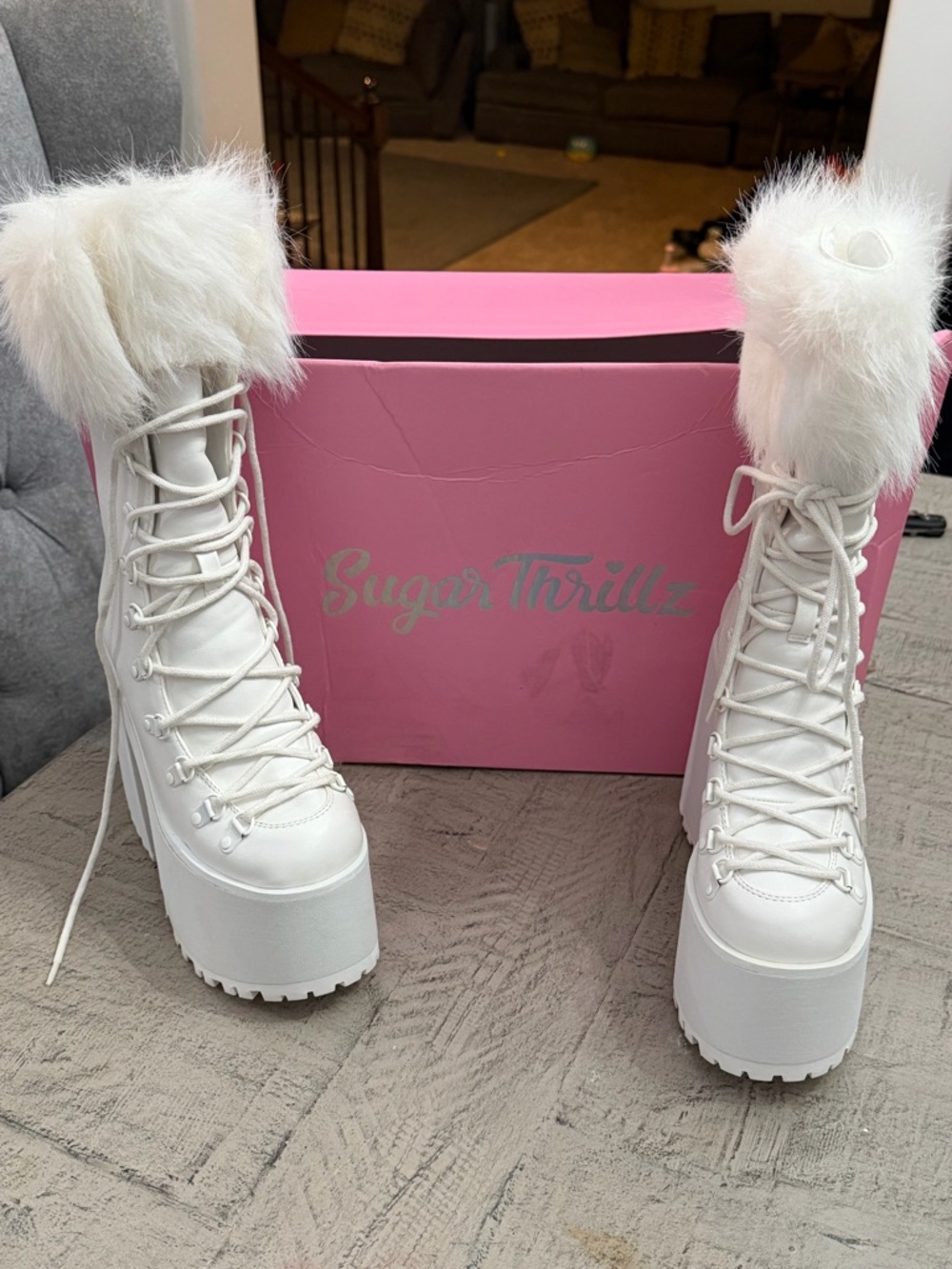 Sugar Thrillz White Faux-Fur Platform Lace-Up Boots - Chunky Sole